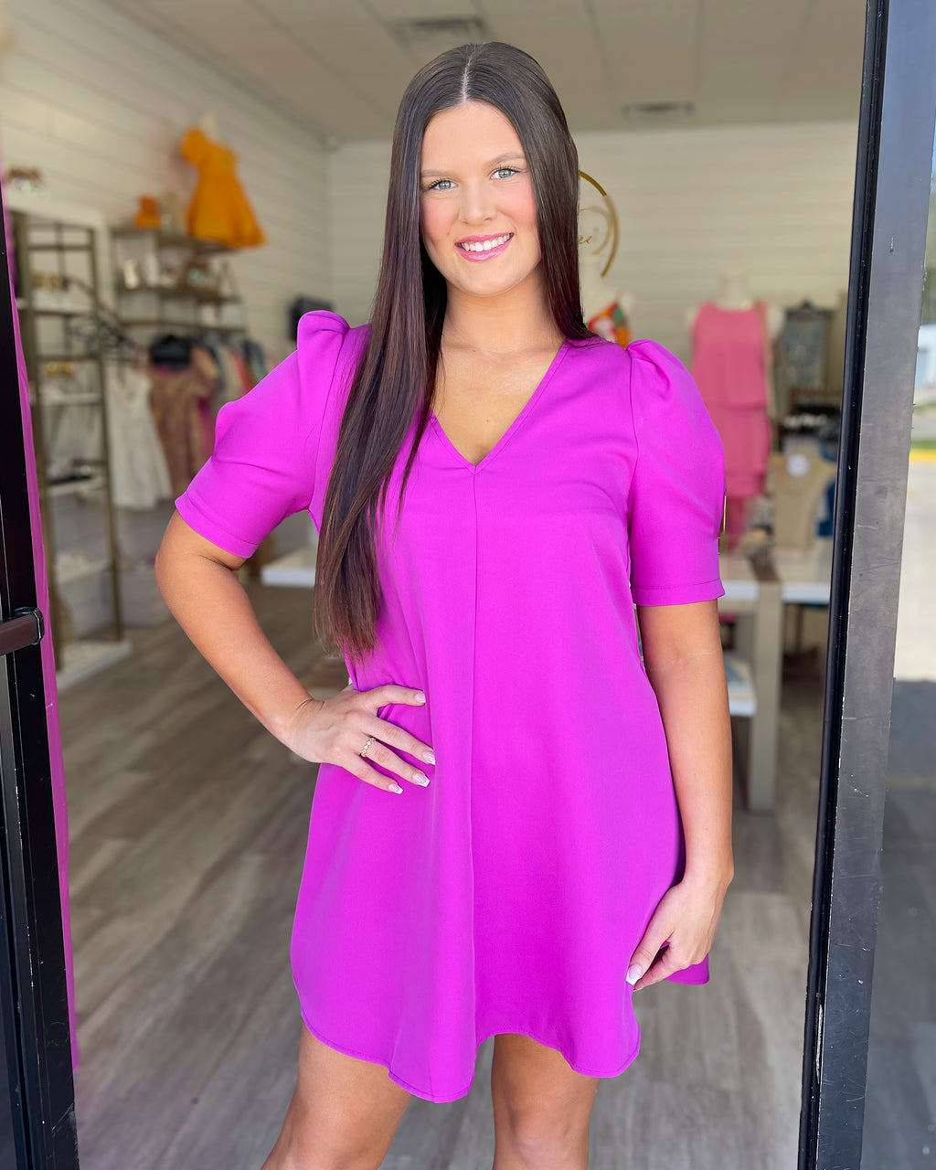 Magenta Puff Sleeve Shift Dress