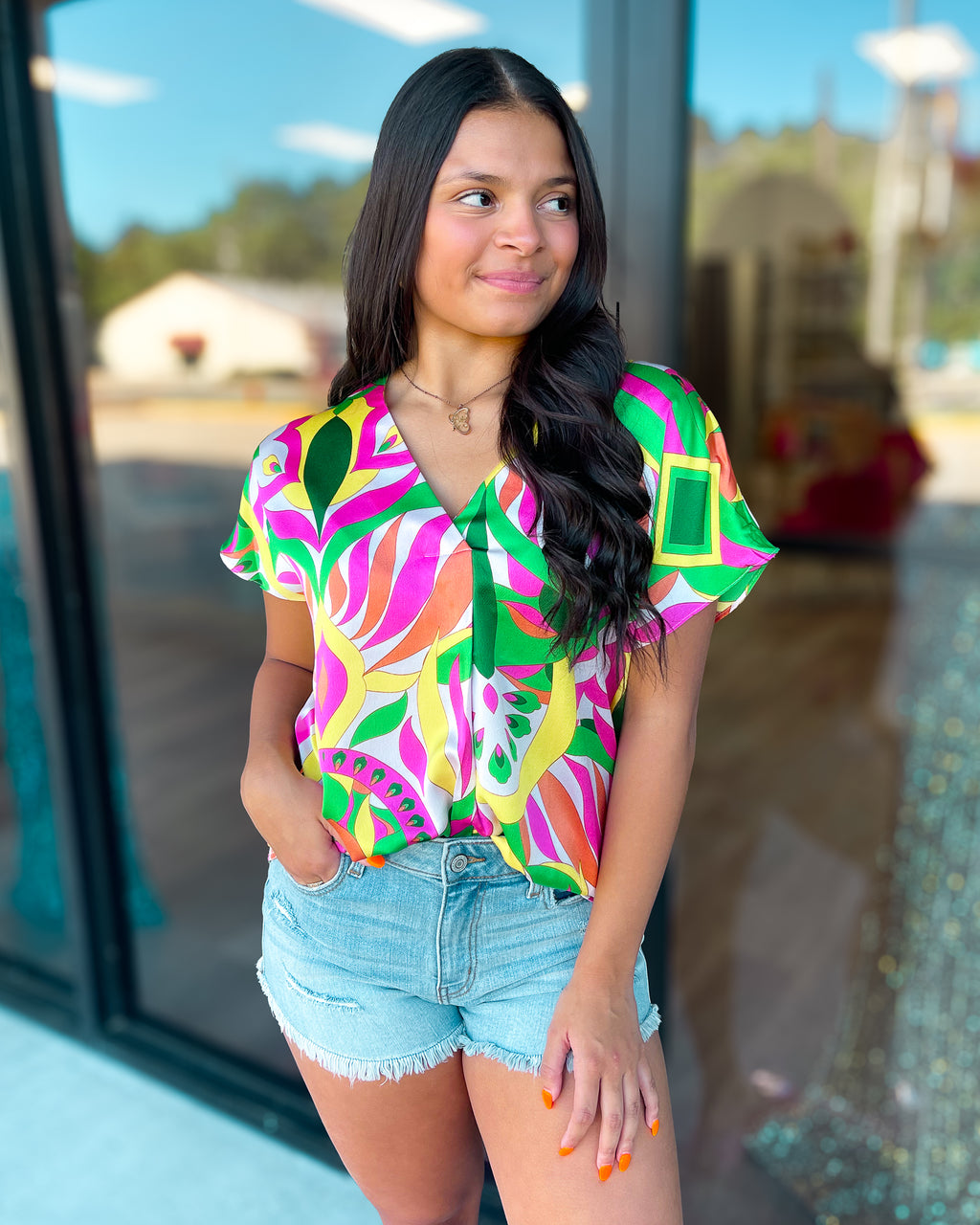 'LET'S FIESTA' PRINTED V-NECK TOP