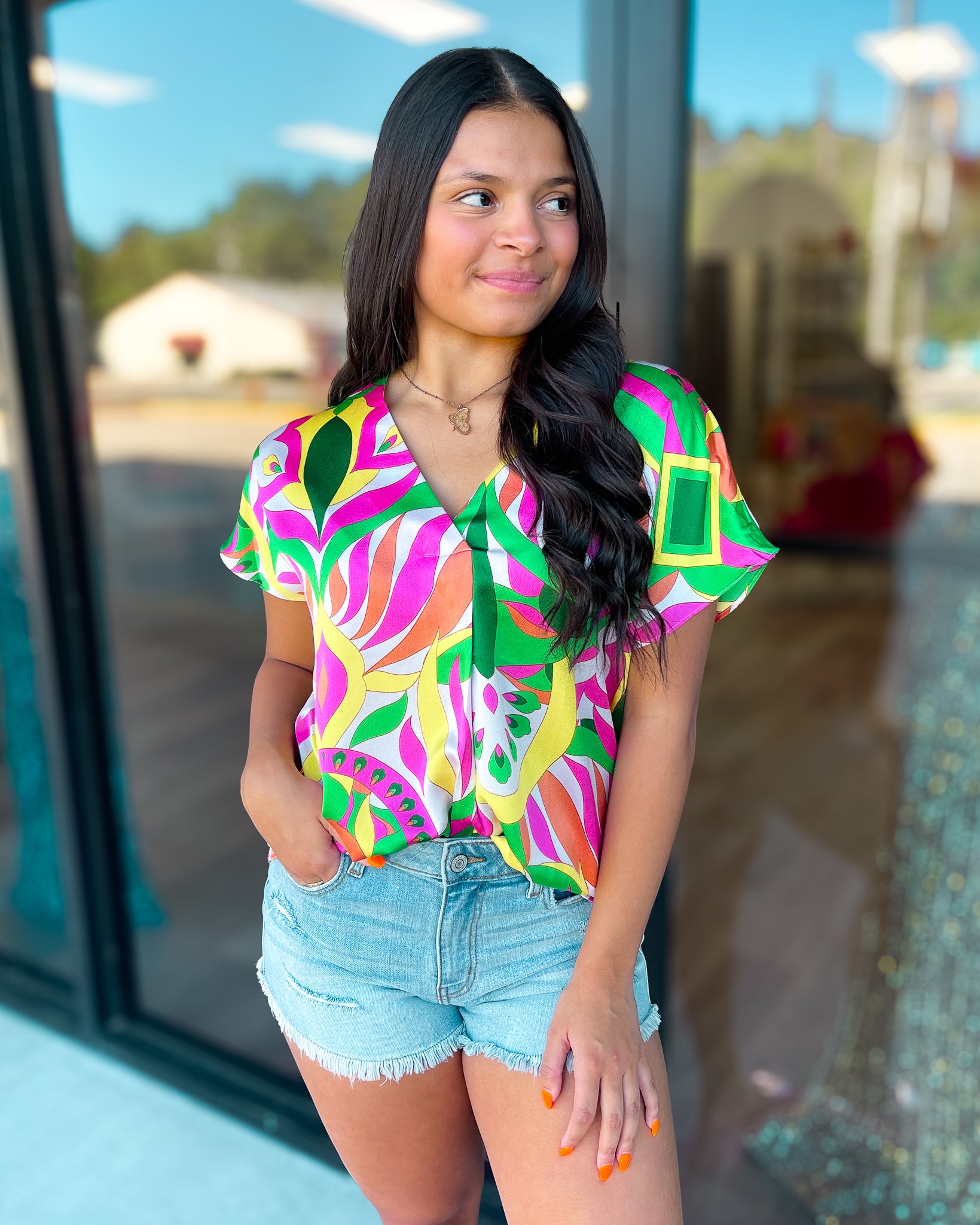 'LET'S FIESTA' PRINTED V-NECK TOP