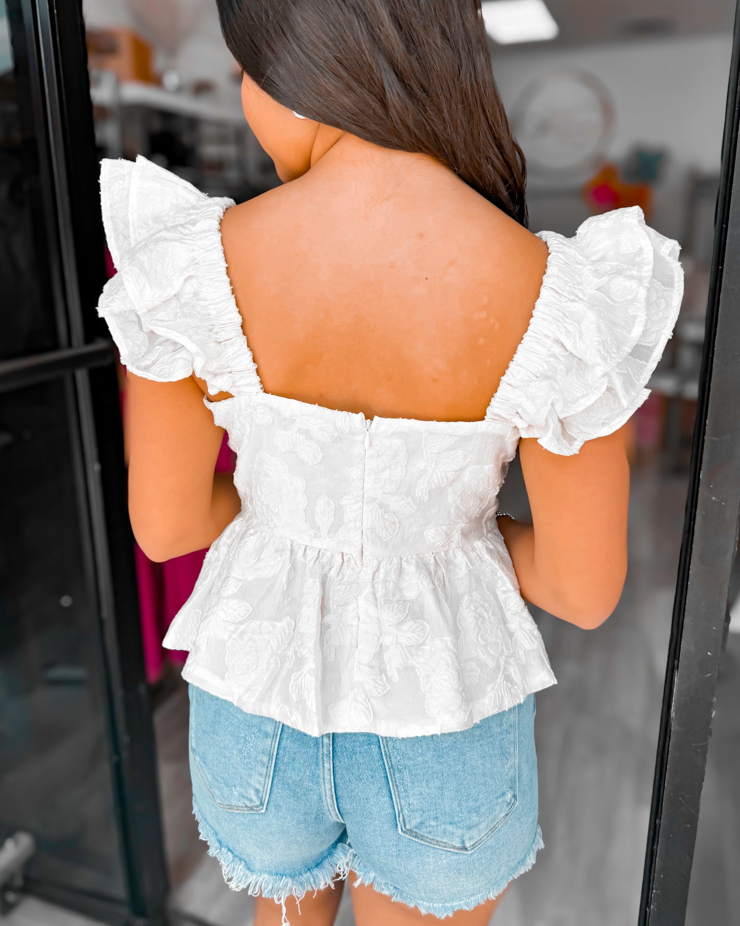 GIRLY GIRL JACQUARD PEPLUM TOP