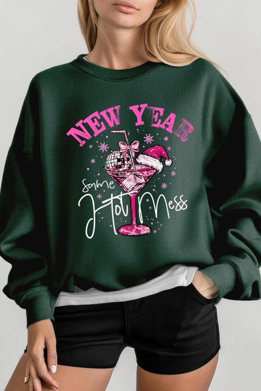 New Year Same Hot Mess Graphic Fleece Sweatshirt