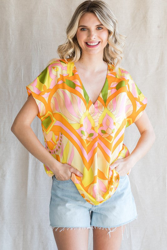 'LET'S FIESTA' PRINTED V-NECK TOP