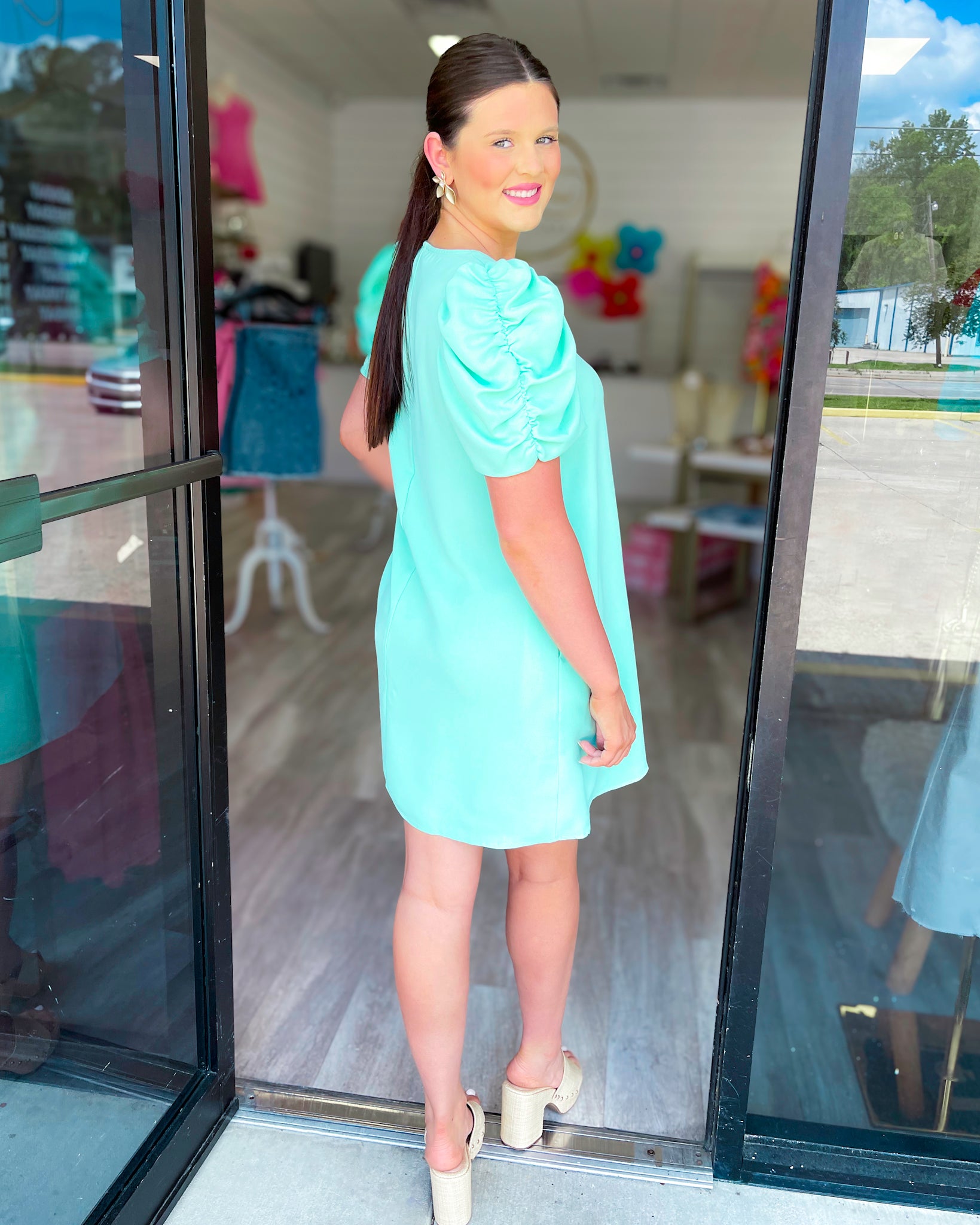 MINT TO BE PUFF SLEEVE SHIFT DRESS