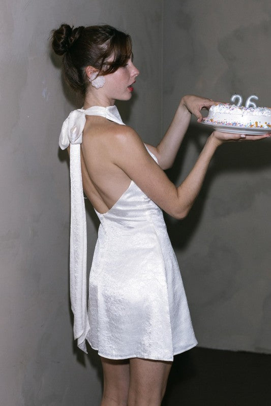 COWL NECK HALTER SATIN MINI DRESS