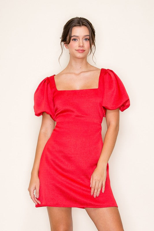 PUFF SLEEVE OPEN BACK MINI DRESS