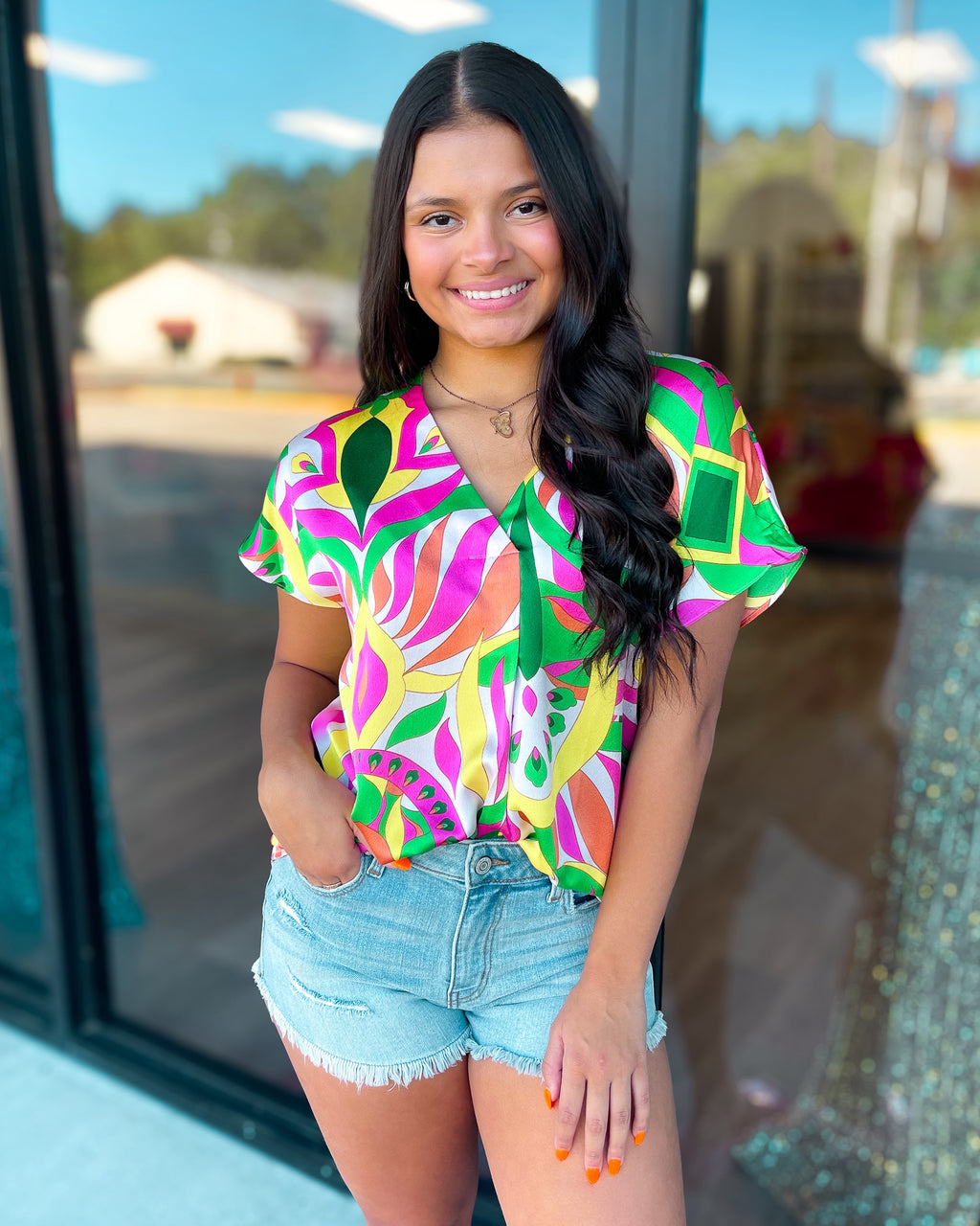 'LET'S FIESTA' PRINTED V-NECK TOP