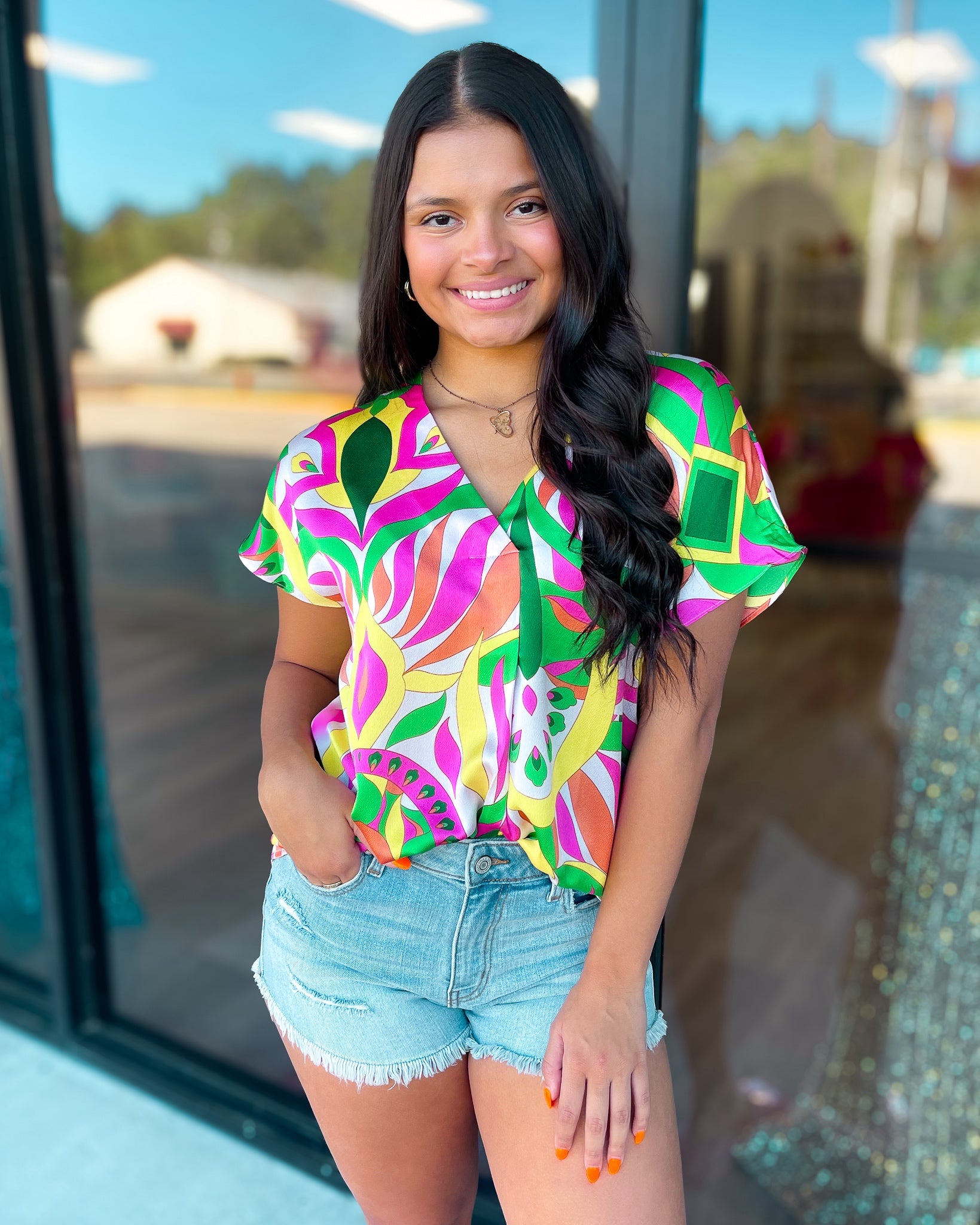 'LET'S FIESTA' PRINTED V-NECK TOP