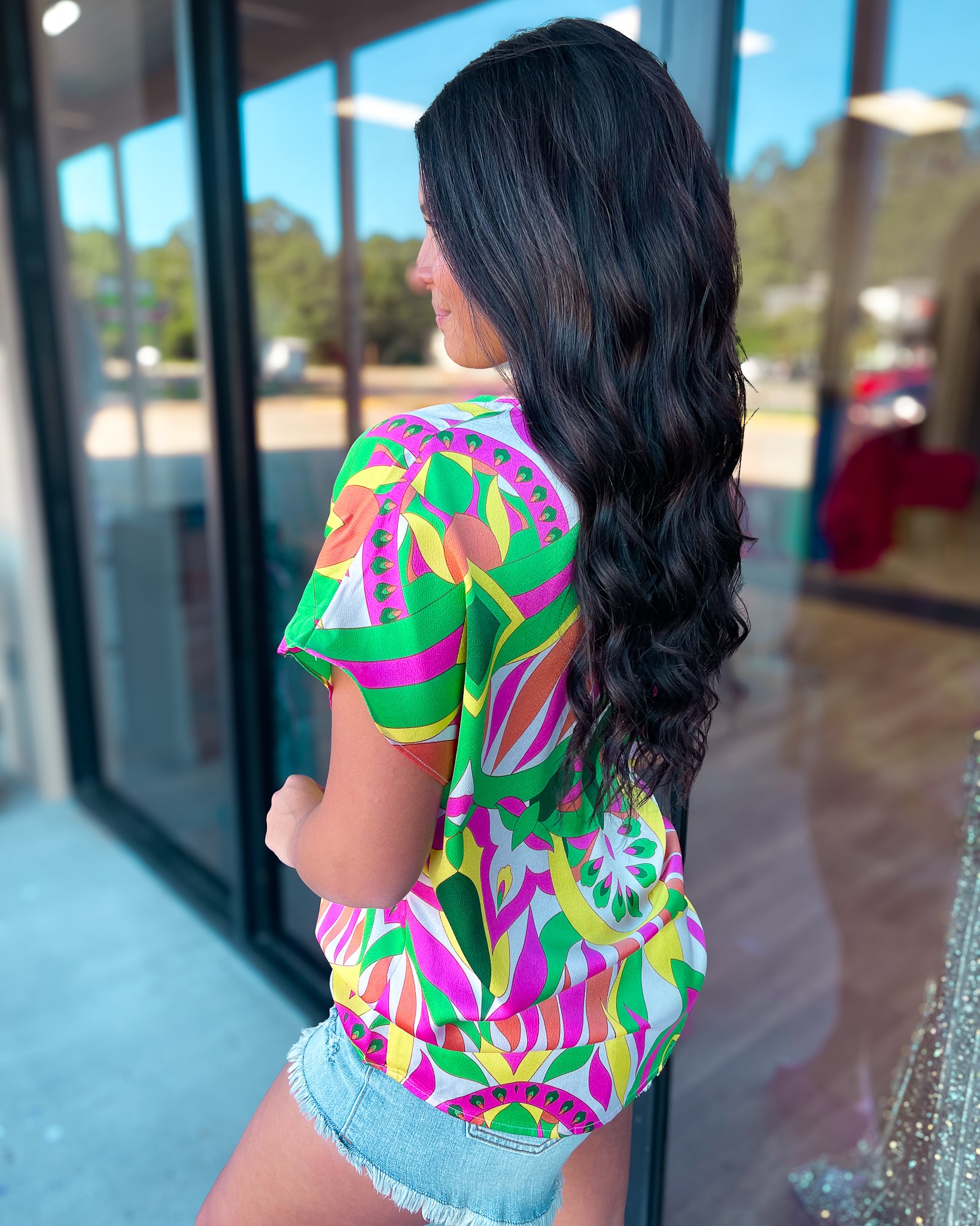 'LET'S FIESTA' PRINTED V-NECK TOP