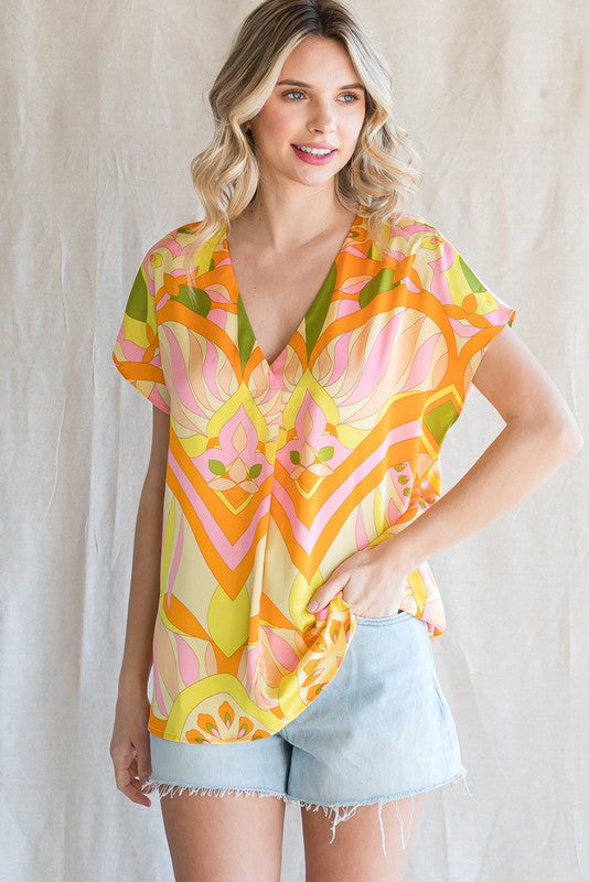 'LET'S FIESTA' PRINTED V-NECK TOP