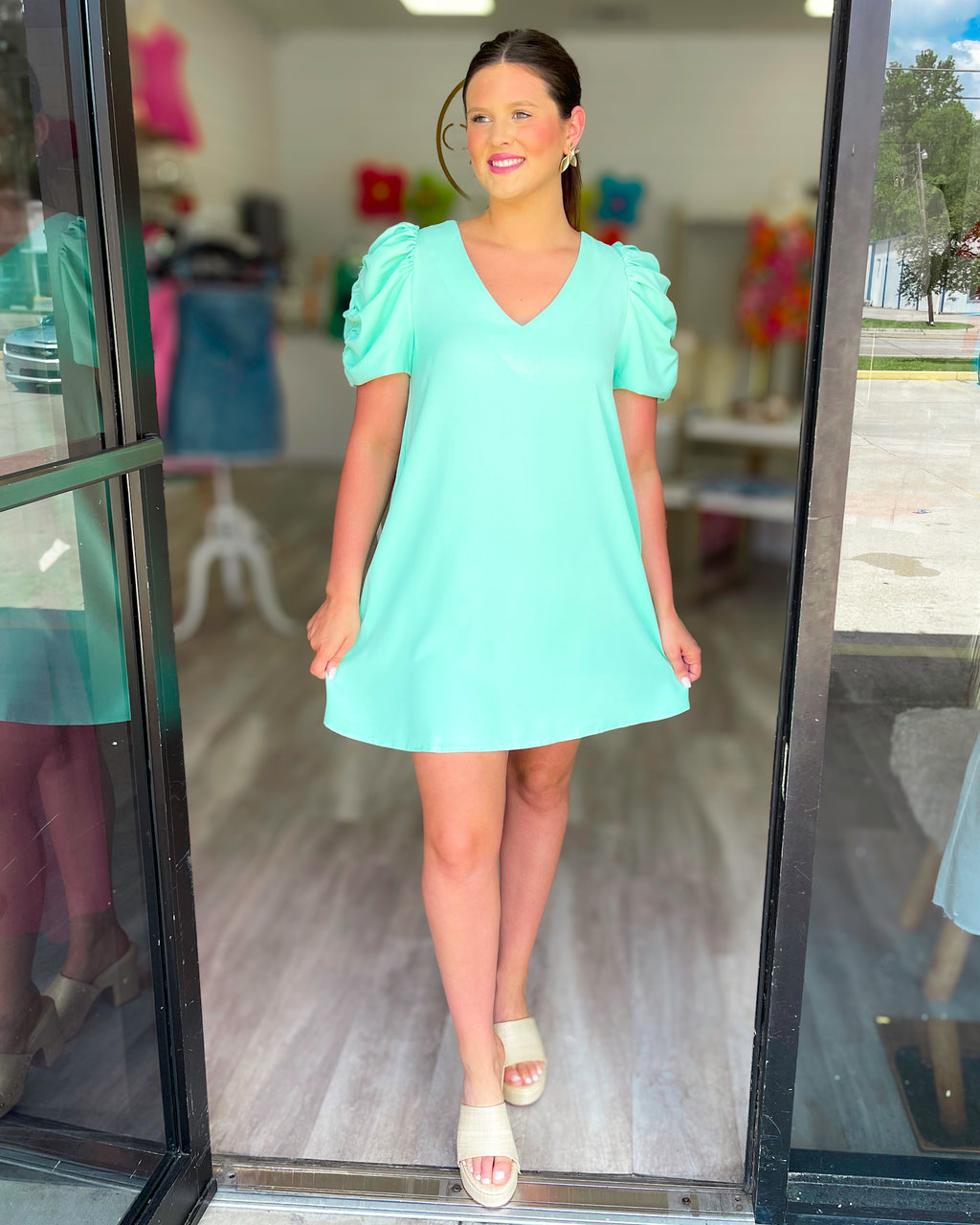 MINT TO BE PUFF SLEEVE SHIFT DRESS