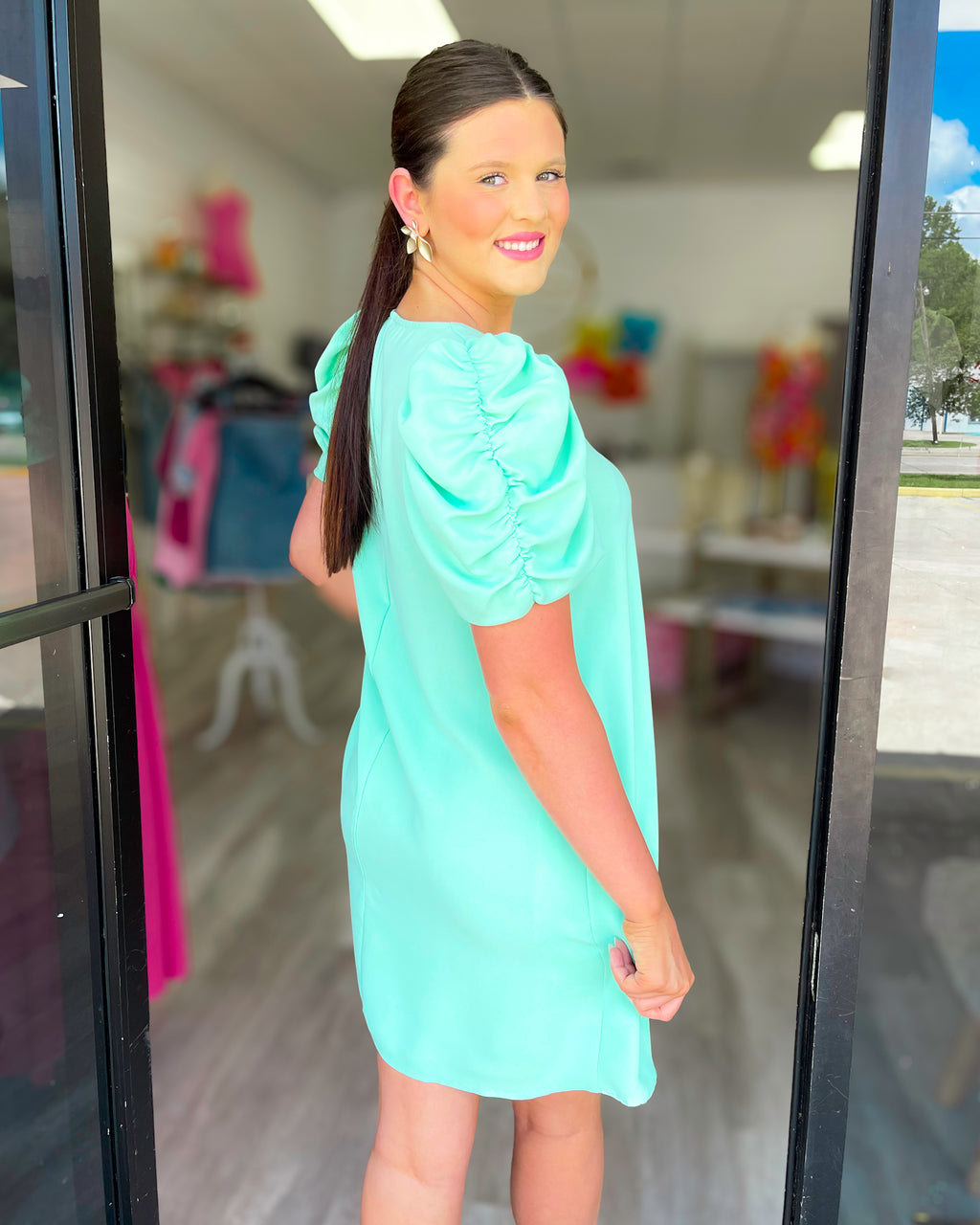 MINT TO BE PUFF SLEEVE SHIFT DRESS