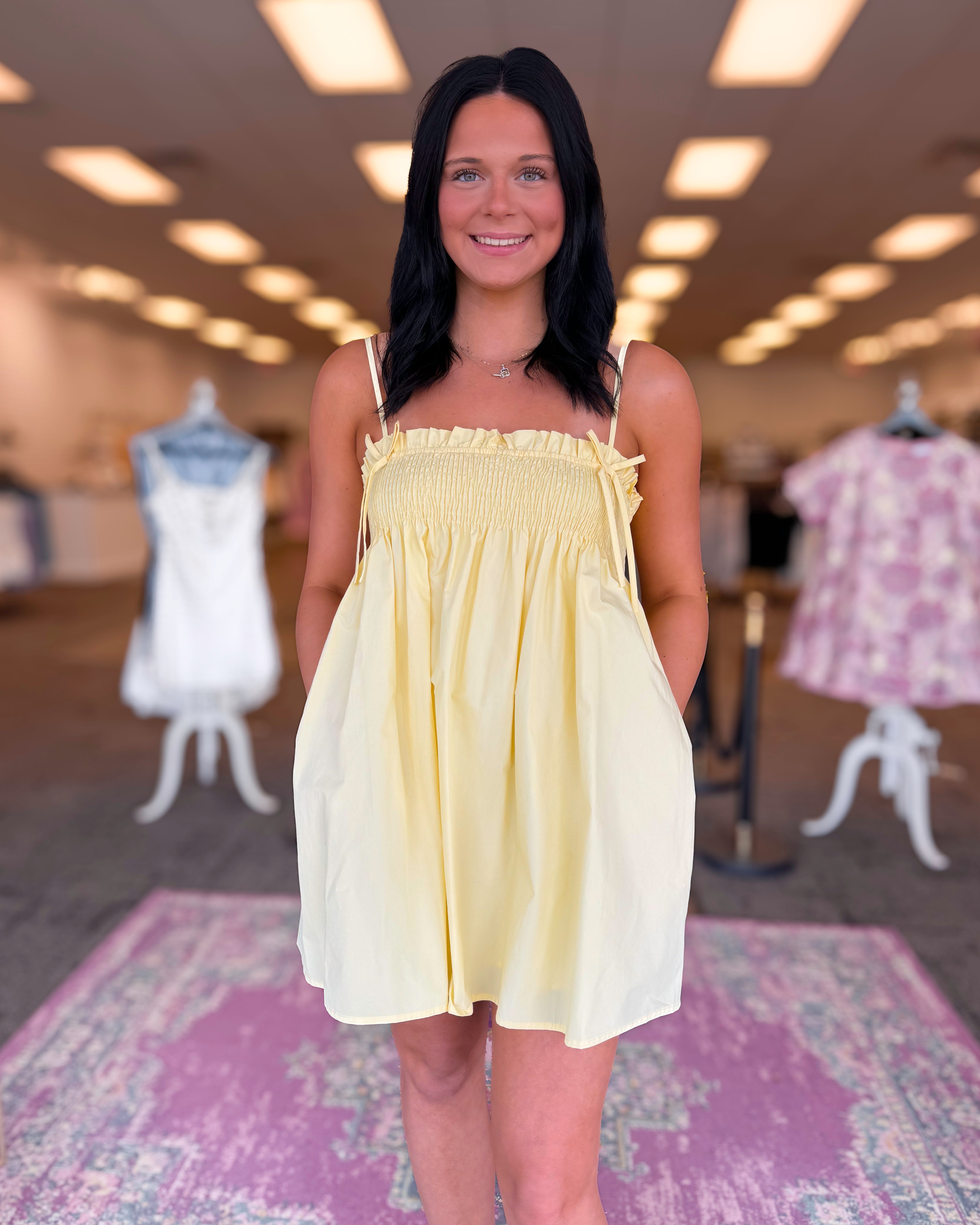BOW DETAIL SMOCKED BABYDOLL DRESS