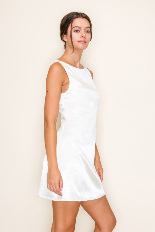 TEXTURED SATIN BOAT NECK MINI DRESS