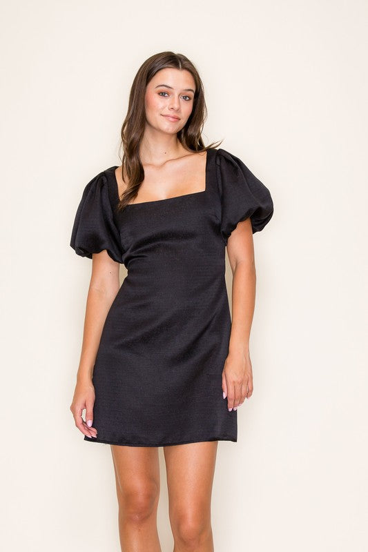 PUFF SLEEVE OPEN BACK MINI DRESS