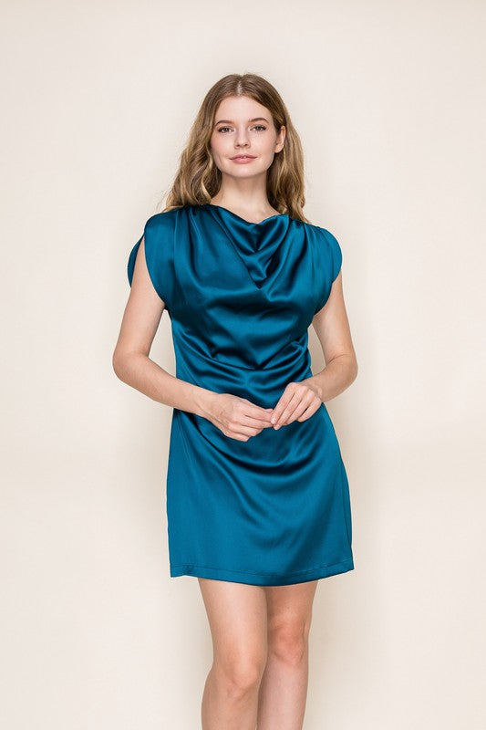 ELEGANT SATIN COWL NECK MINI DRESS