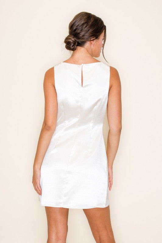 TEXTURED SATIN BOAT NECK MINI DRESS