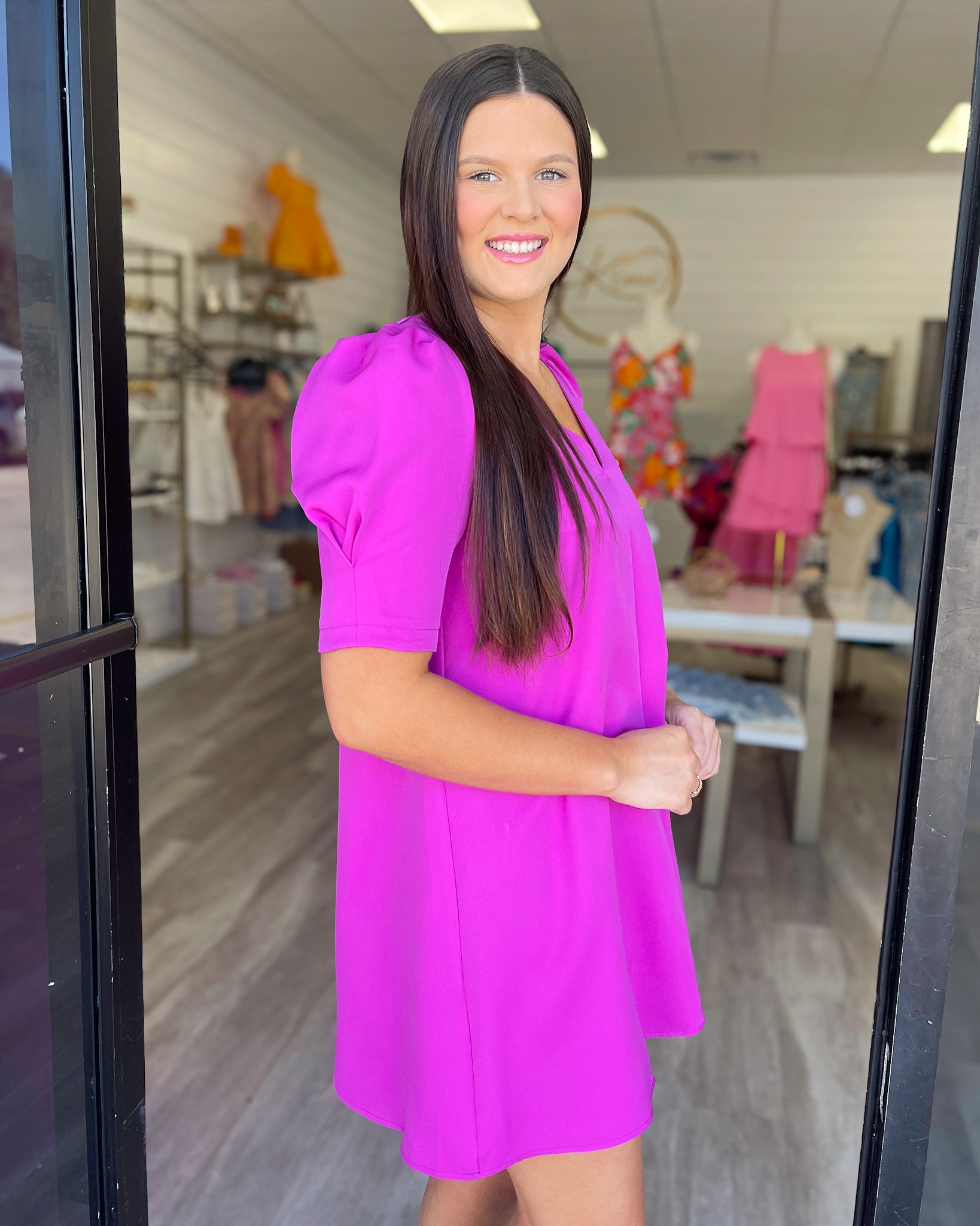 Magenta Puff Sleeve Shift Dress