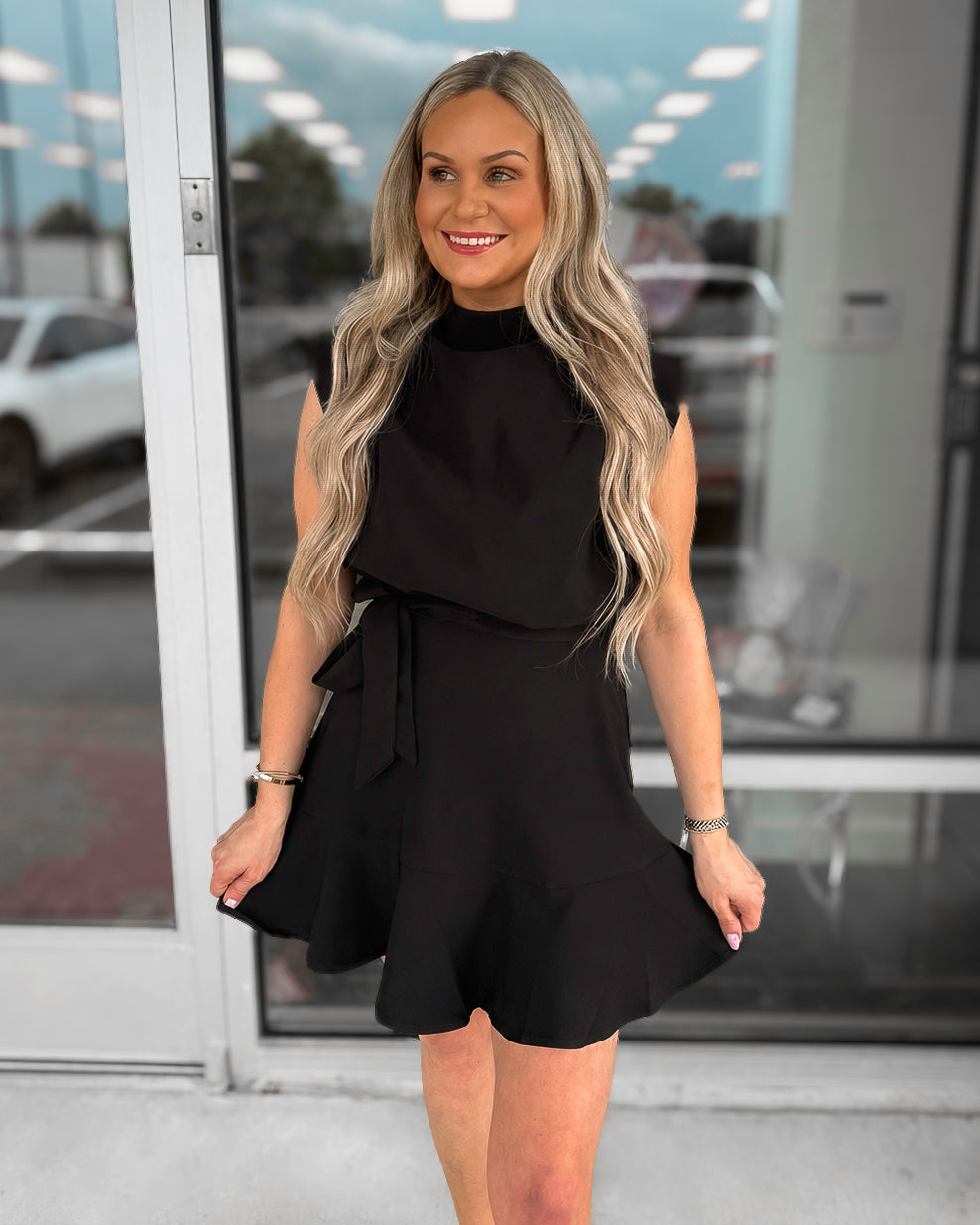 COWL NECK SLEEVELESS MINI DRESS