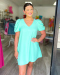 MINT TO BE PUFF SLEEVE SHIFT DRESS