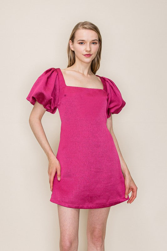 PUFF SLEEVE OPEN BACK MINI DRESS