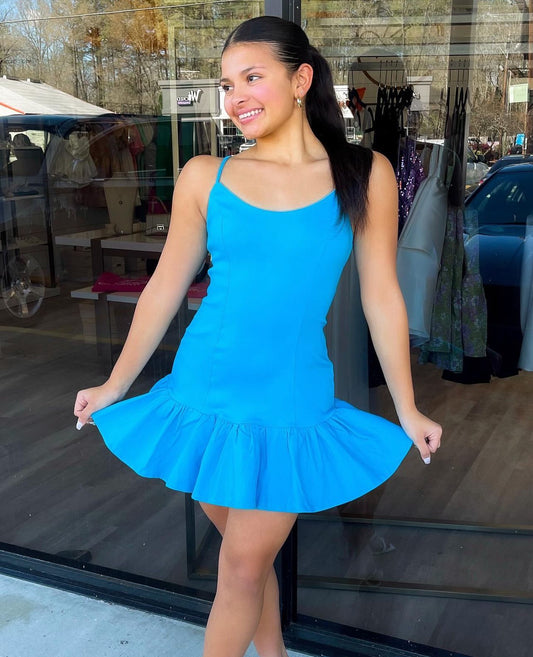 Aqua Ruffle Hem Mini Dress