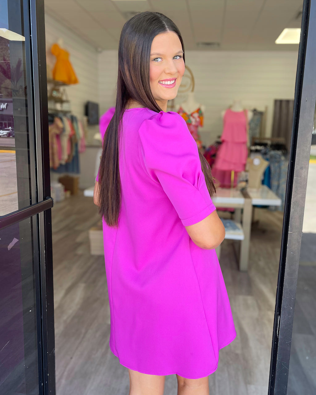 Magenta Puff Sleeve Shift Dress