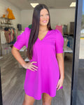Magenta Puff Sleeve Shift Dress