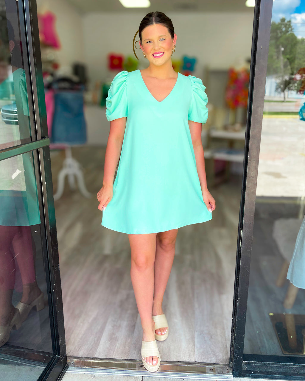 MINT TO BE PUFF SLEEVE SHIFT DRESS