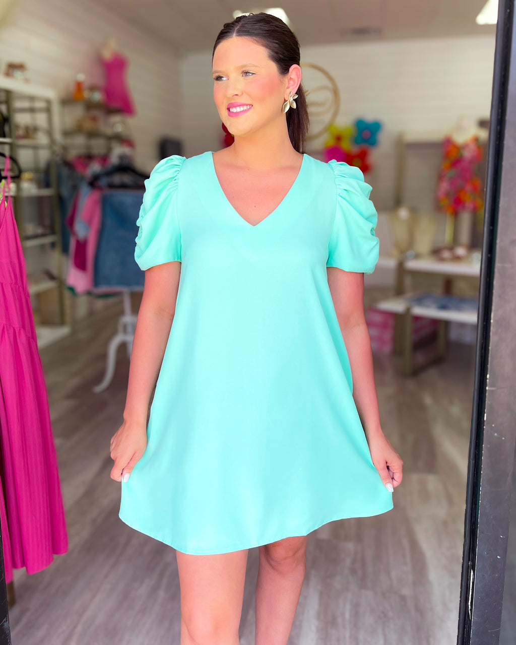 MINT TO BE PUFF SLEEVE SHIFT DRESS